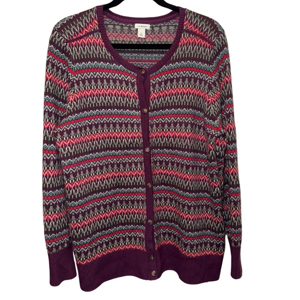 L.L. Bean Fair Isle Cardigan Sweater Large Petite Cotton Cashmere Blend Knit